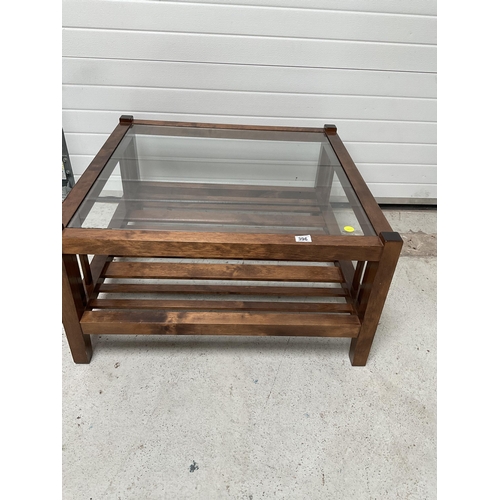 MODERN OAK FRAMED LAURA ASHLEY GARRAT COFFEE TABLE WITH GLASS INSET TOP H 17" W 34" D 34"