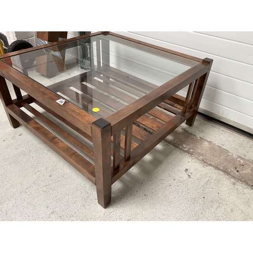 MODERN OAK FRAMED LAURA ASHLEY GARRAT COFFEE TABLE WITH GLASS INSET TOP H 17" W 34" D 34"