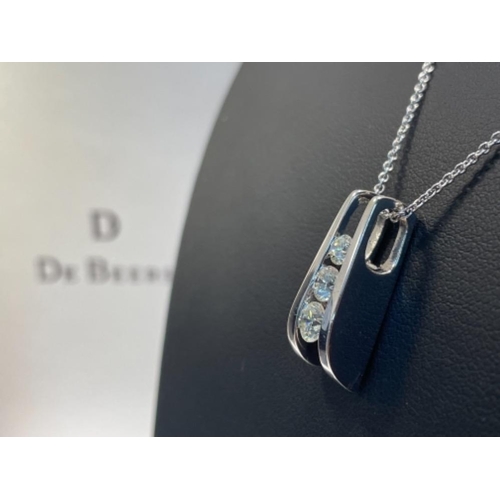336 - DE BEERS 3 STONE DIAMOND PENDANT AND CHAIN IN 18CT WHITE GOLD 1CTS IN ORIGINAL BOX 8.8G