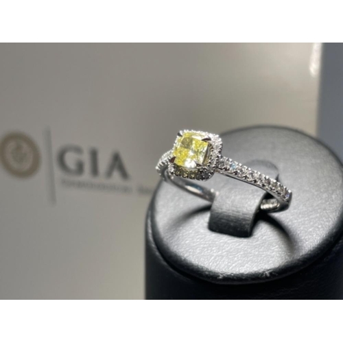 338 - NATURAL FANCY INTENSE YELLOW DIAMOND RING 0.42CTS CUSHION CUT GIA CERTIFIED RING IN PLATINUM WITH DI... 