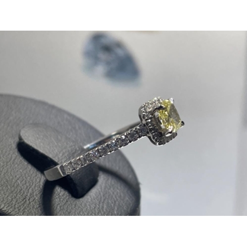 338 - NATURAL FANCY INTENSE YELLOW DIAMOND RING 0.42CTS CUSHION CUT GIA CERTIFIED RING IN PLATINUM WITH DI... 