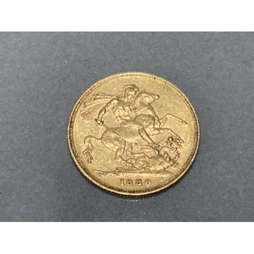 7 - 22CT GOLD 1880 FULL SOVEREIGN COIN