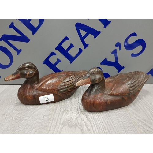 30 - MATCHING PAIR HAND CARVED WOODEN DECOY DUCKS