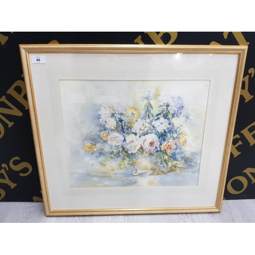 48 - FRAMED WATERCOLOUR STILL LIFE OF FLOWERS OF ROSES, STOCKS AND DAHLIAS BY PENNY WARD 1914- 2005 NORTH... 