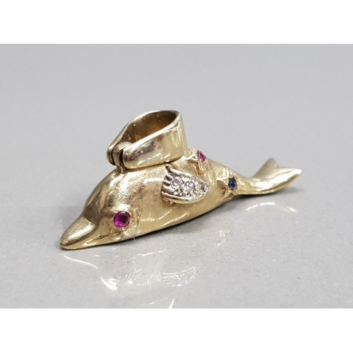 350 - 9CT YELLOW GOLD STONE SET DOLPHIN PENDANT SET WITH SAPPHIRE RUBY AND CUBIC ZIRCONIA STONES 4.2G GROS... 