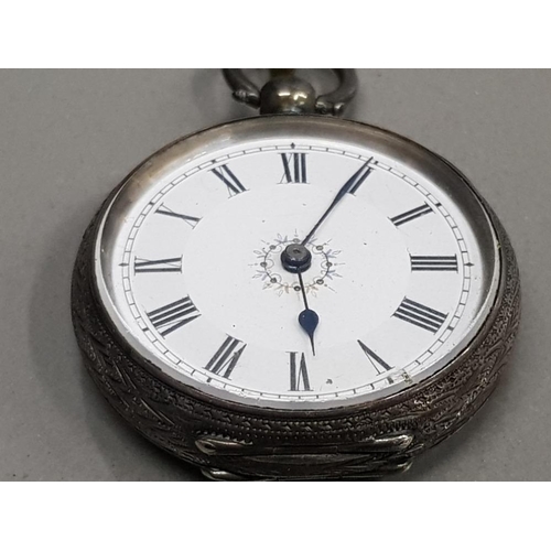 116 - LADIES SILVER HALF HUNTER POCKET WATCH WITH WHITE DIAL WITH FLOWER DESIGN IN THE CENTRE WITH BLACK R... 