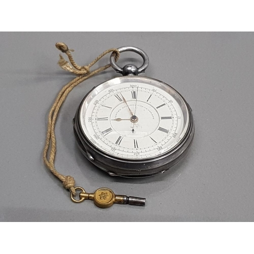 117 - GENTS SILVER CENTRE SECONDS SECOND CHRONOGRAPH POCKET WATCH WITH TATCHY METRE AND BLACK ROMAN NUMERA... 