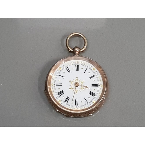 118 - 9CT GOLD HALF HUNTER SMALL CIRCLE POCKET WATCH WITH WHITE DIAL WITH BLACK ROMAN NUMERALS WITH GOLD O... 