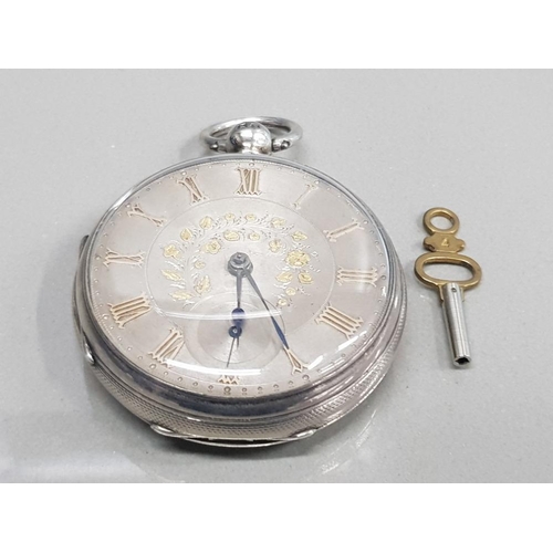 13 - SILVER HALF HUNTER POCKET WATCH SILVER DIAL GOLD PLATED ROMAN NUMERALS ORNATE PATTERN ON THE DIAL WI... 