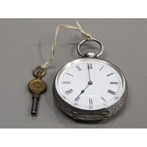5 - LADIES SILVER HALF HUNTER POCKET WATCH WITH KEY WHITE DIAL WITH BLACK ROMAN NUMERAL HOUR MARKERS BLU... 