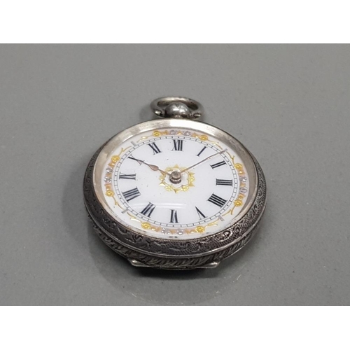 6 - LADIES SILVER HALF HUNTER POCKET WATCH WITH WHITE DIAL AND BLACK ROMAN NUMERAL HOUR MARKERS AND DECO... 