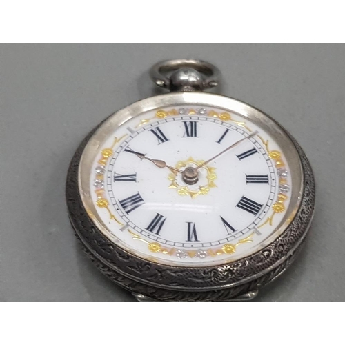 6 - LADIES SILVER HALF HUNTER POCKET WATCH WITH WHITE DIAL AND BLACK ROMAN NUMERAL HOUR MARKERS AND DECO... 