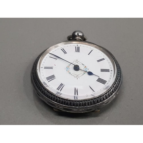 7 - LADIES SILVER HALF HUNTER POCKET WATCH WITH WHITE DIAL WITH FLOWER DESIGN IN THE CENTRE AND BLACK RO... 