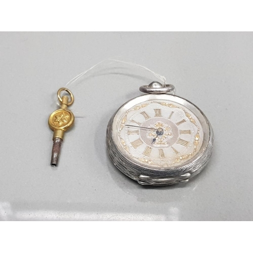 8 - LADIES SILVER HALF HUNTER POCKET WATCH WITH SILVER DIAL AND GOLD PLATED ROMAN NUMERAL HOUR MARKERS A... 