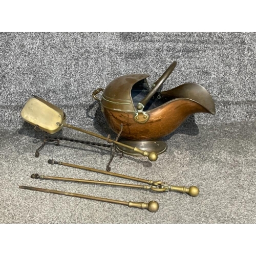 23 - Late Victorian copper coal scuttle with 3 part companion set
