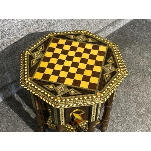 3 - Very ornate and heavily inlaid Middle Eastern/Indian table with chess board atop and storage under t... 