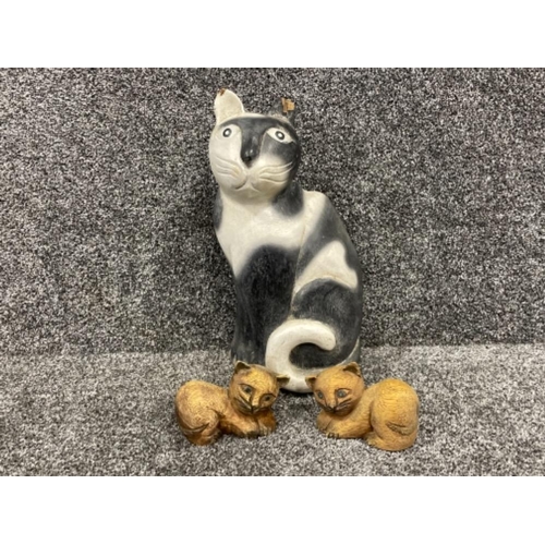 38 - Large wooden cat figure (lost part of ear to another cat) and 2 small wooden cat figures