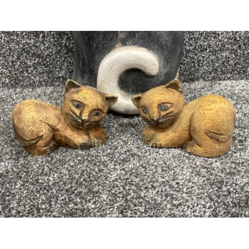38 - Large wooden cat figure (lost part of ear to another cat) and 2 small wooden cat figures