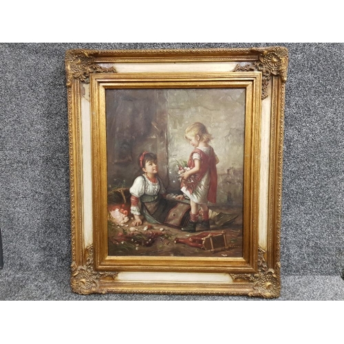 Late Victorian oil painting on canvas of 2 girls signed Palmer I  gilt and very ornate frame (49cm x 60cms)
