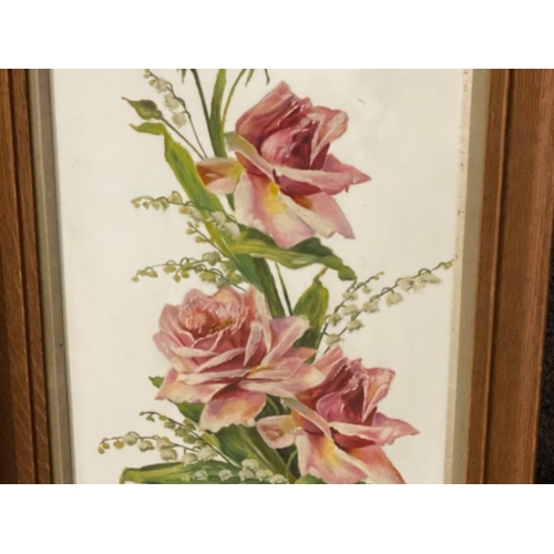 44 - 2x Antique framed hand painted porcelain plaques depicting flowers - 72x39cm