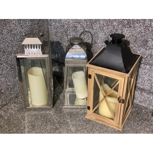44 - 3 x modern candle lanterns - 1x wooden & 2x chrome effect framed