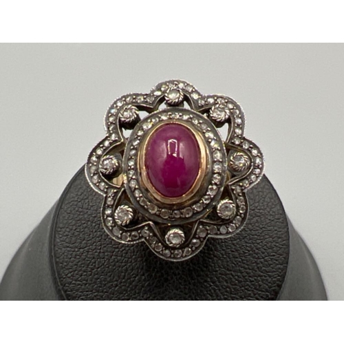 25 - Antique 15ct gold ruby cabochons and diamond with silver top setting. Vgc size M 6.2g
