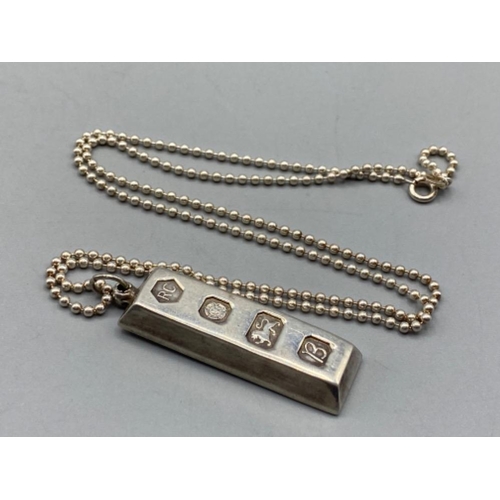 Silver ingot and silver bead link chain, 38.3g