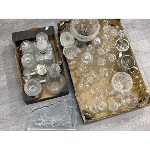 2 boxes of mixed glassware including decanters, drinking glasses & large heavy glass ornament etc
