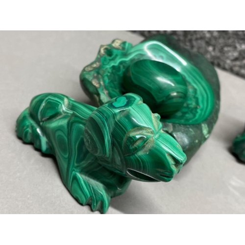 13 - 4 carved Malachite stone carvings includes small dish, egg, lion & dog ornament, 518G total weight