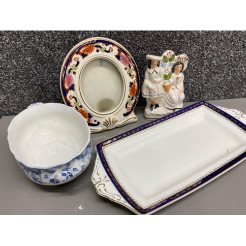 14 - Masons ironstone ‘Mandalay’ patterned photo frame together with a Staffordshire group figure, Alfred... 