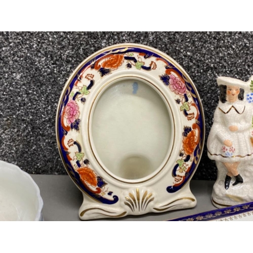 14 - Masons ironstone ‘Mandalay’ patterned photo frame together with a Staffordshire group figure, Alfred... 