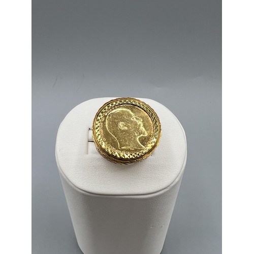 11 - 1910 Edward Vii Full Soverign Ring in 9ct Gold Mount Size X - 15.5grams