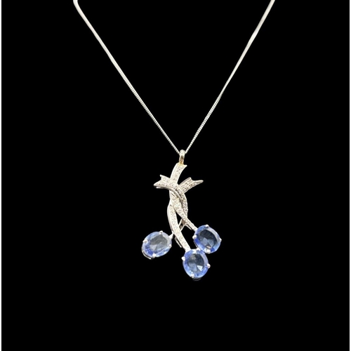 22 - 18ct White Gold Diamond & Sapphire Flower Spray Pendant & Necklace 41cm in length - Very Good Condit... 