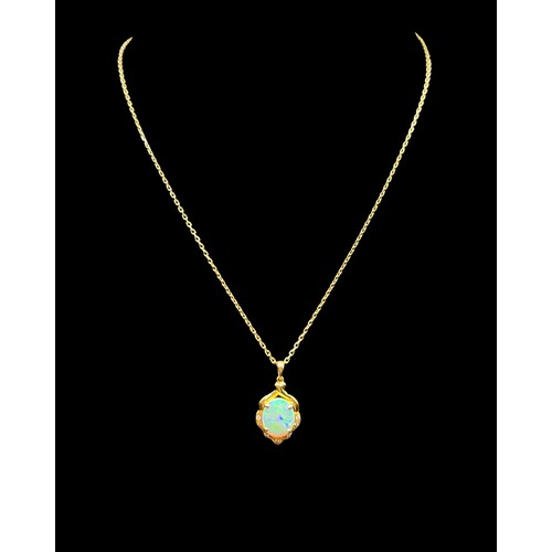 47 - 18ct Gold  Large Oval Opal & Diamond  Pendant & Chain 45cm in length - Opal 12mm x 10mm - 6.2grams
