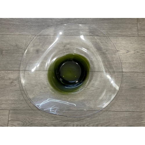 23 - Large Hand Blown Clear Glass Dish with Green middle (47cms)