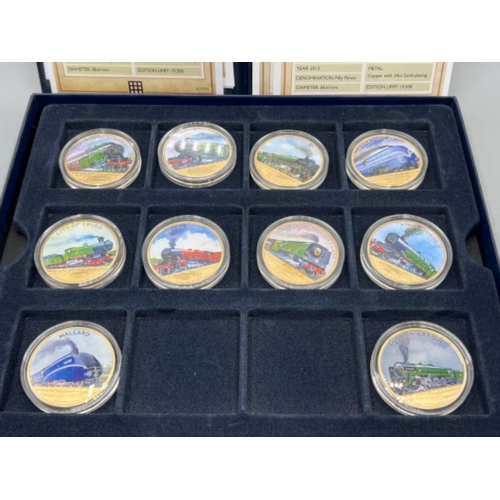 59 - The celebration of steam locomotives coin collection. 24ct gold plated includes Mallard, Golden arro... 