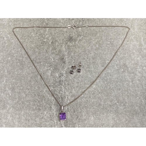 60 - 9ct white gold & purple stone pendant on chain with matching earrings, 4.1g gross