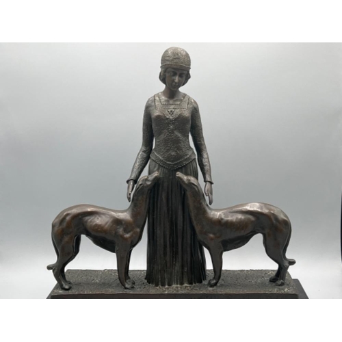 1 - Bronze female with 2 greyhound’s with foundry mark “Bronze Garanti Paris J.B Deposse” stamped A1249 ... 