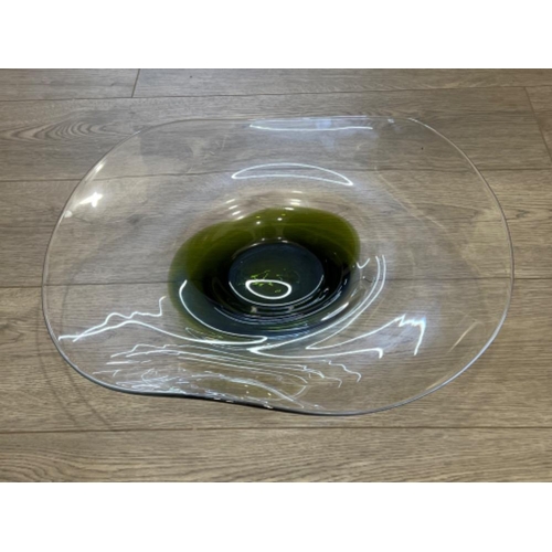 23 - Large Hand Blown Clear Glass Dish with Green middle (47cms)
