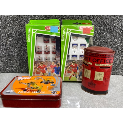 24 - Vintage tin novelty post office money box together with a Meccano set & 2x boxed Subbuteo football t... 