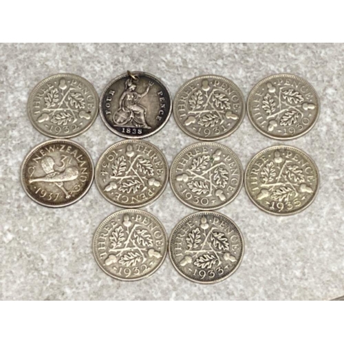 53 - Total of 8 UK three-pence silver coins all with reverse showing 3x crossed springs of oak dated 1930... 