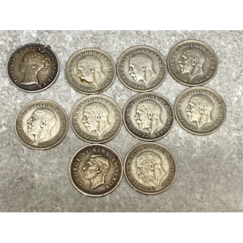 53 - Total of 8 UK three-pence silver coins all with reverse showing 3x crossed springs of oak dated 1930... 