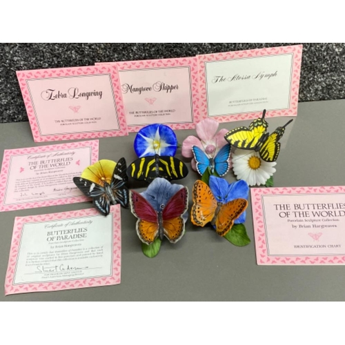 Total of 6 Franklin Mint Butterflies of the world porcelain sculptures including the Zebra Longwing & Mangrove skipper etc, some with certificates