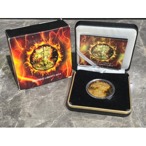 2014 Burning Liberty 1oz silver proof coin in original box and certificate