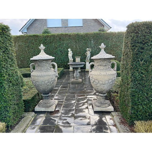 185 - MATCHING PAIR CLASSICAL STONE COMPOSITE 5FT TALL ORNATE URNS WITH HANDLES AND LID IN ANTIQUE FINISH