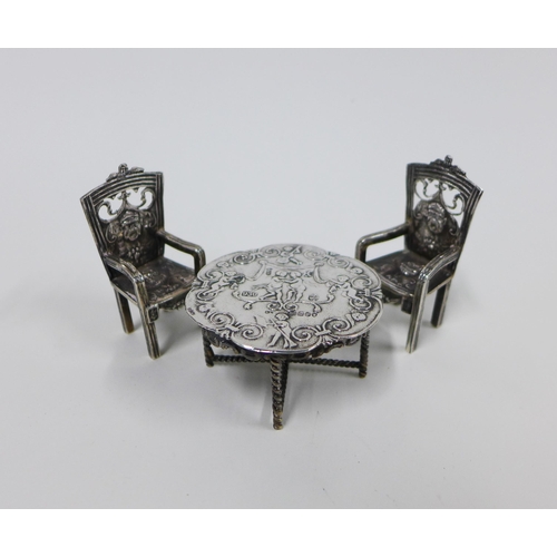 13 - Victorian miniature silver table and pair of silver armchairs, Louis Landsberg, import marks for Lon...