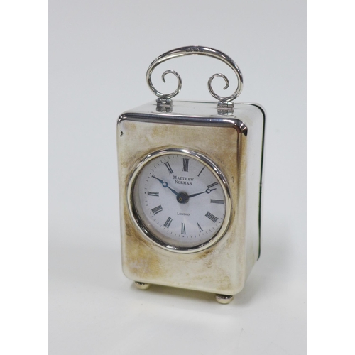15 - Mathew Norman silver cased miniature clock, London 1981, 9cm including handle