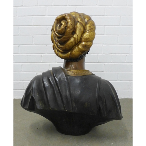 267 - Large bronze patinated and painted metal bust of a Moor style figure, 70cm