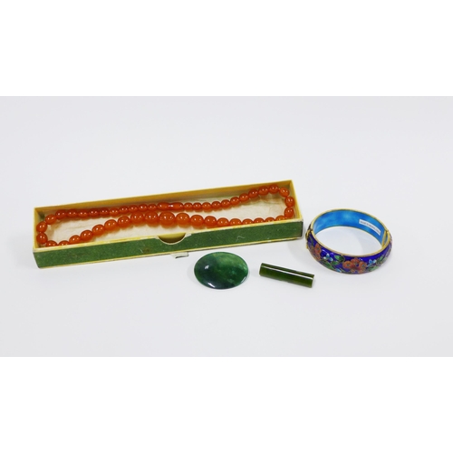 6 - A strand of faux amber beads, jadeite brooch and another and cloisonné bangle (4)...