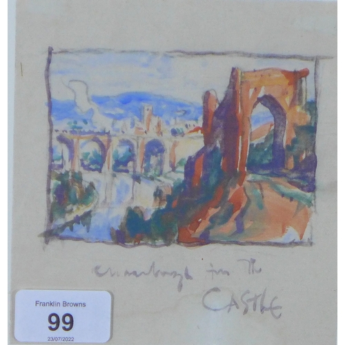 99 - Sir Frank Brangwyn  (British, 1867-1956) Knaresborough Castle, watercolour, framed under glass, 13 x... 